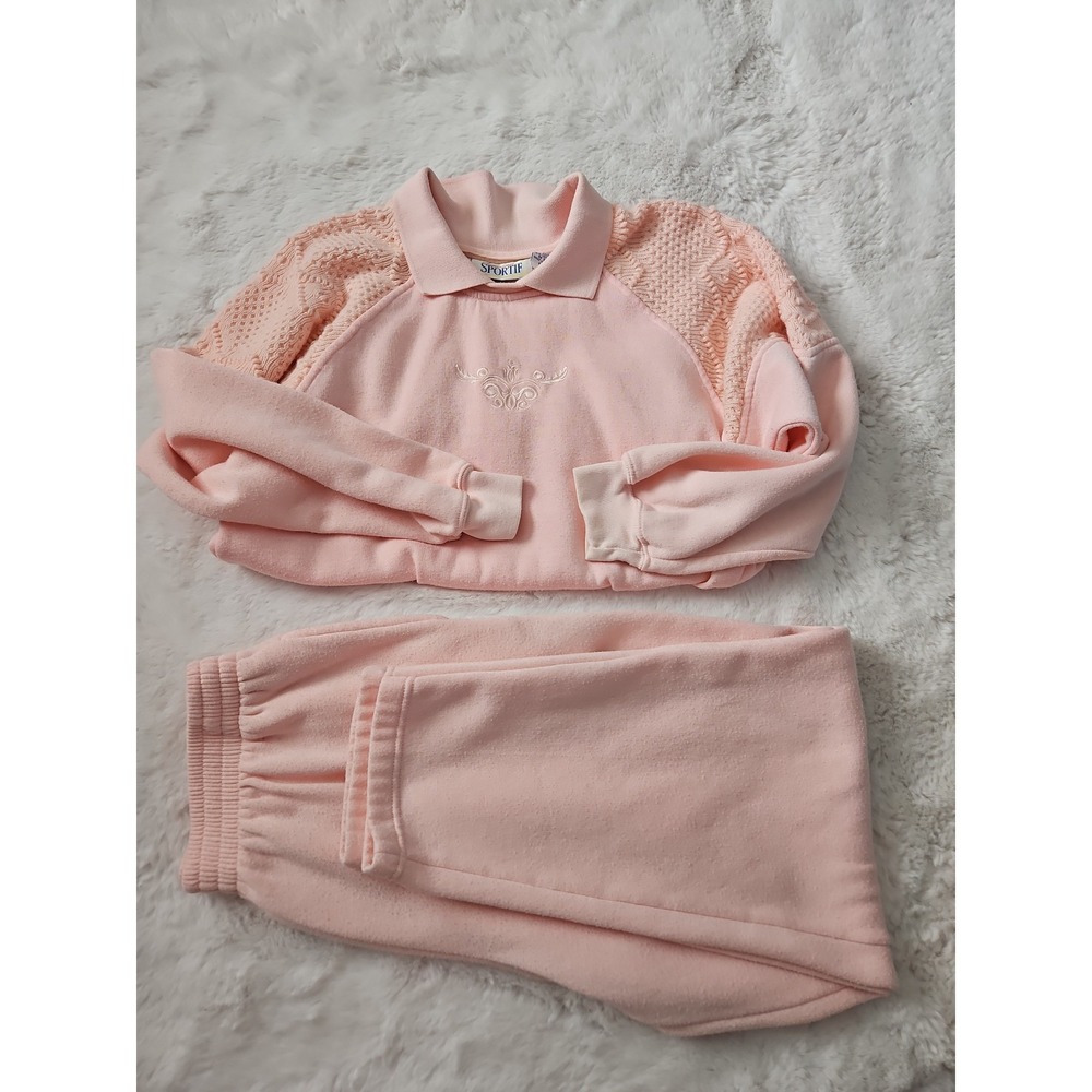 Rare 90s American Sportif Pink Fleece Set – Textured Knit Sweatshirt & Pants S/M